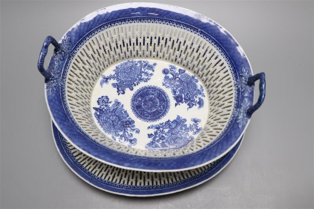 An 18th century Chinese export blue and white basket (cracked) and stand and a Cantonese dish
